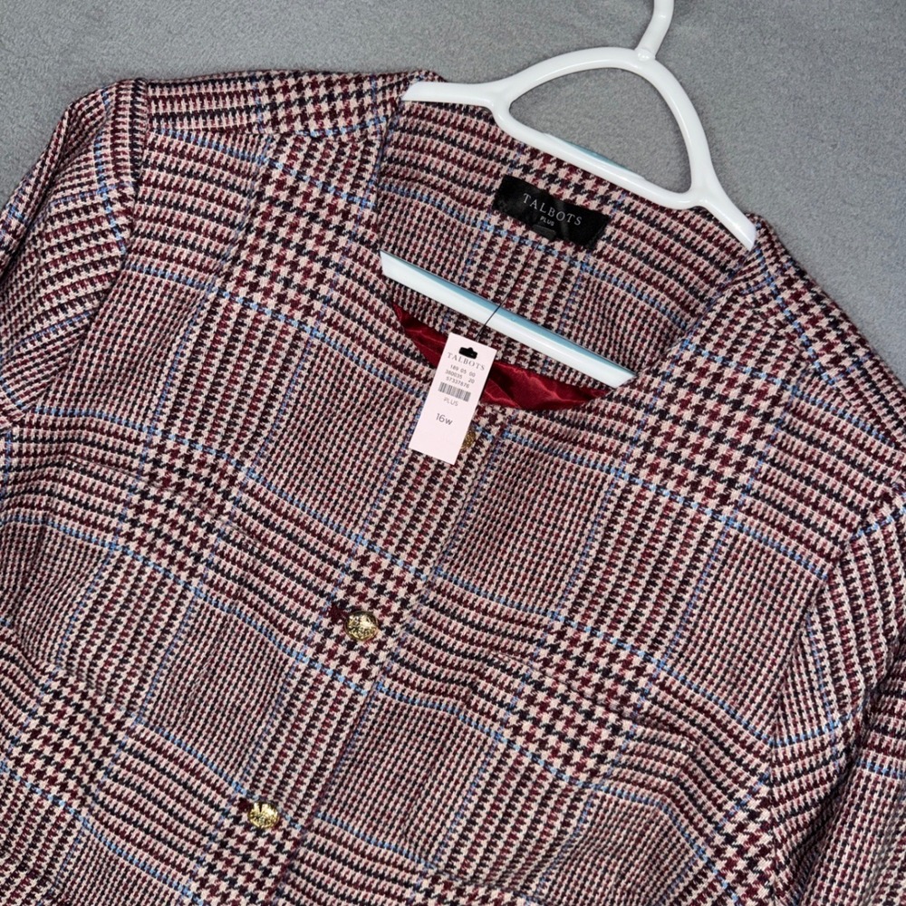Talbots Blazer Womens 16W Burgundy Glen Plaid Wool Blend Gold Button Jacket NWT